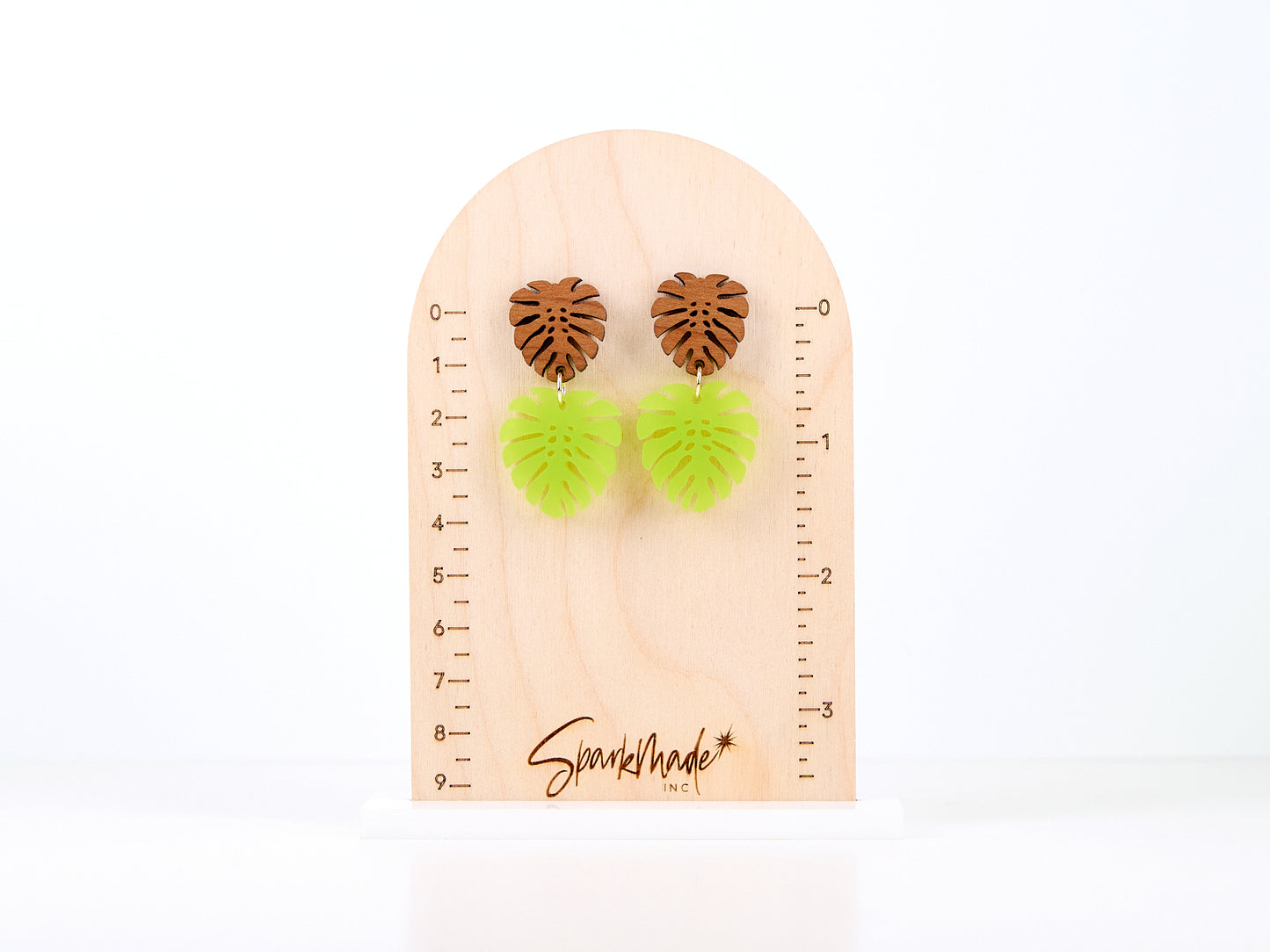 Neon Cherry Monstera Hardwood Earrings