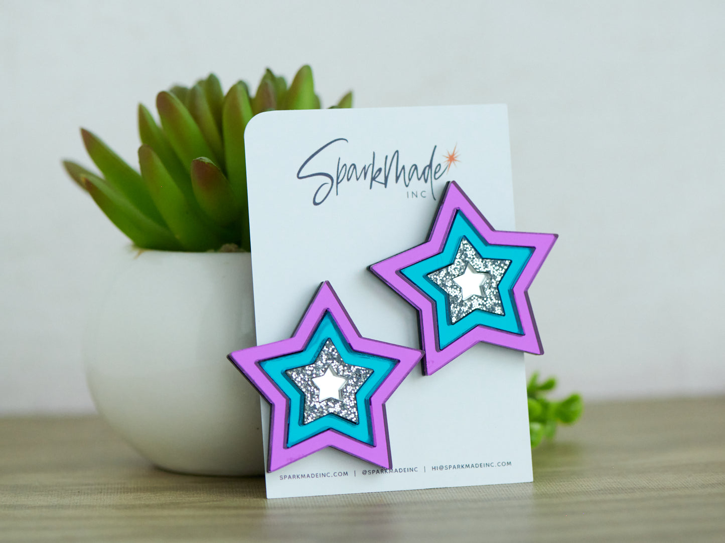 Party Star Mirror Acrylic Statement Stud Earrings - Purple, Teal, and Silver