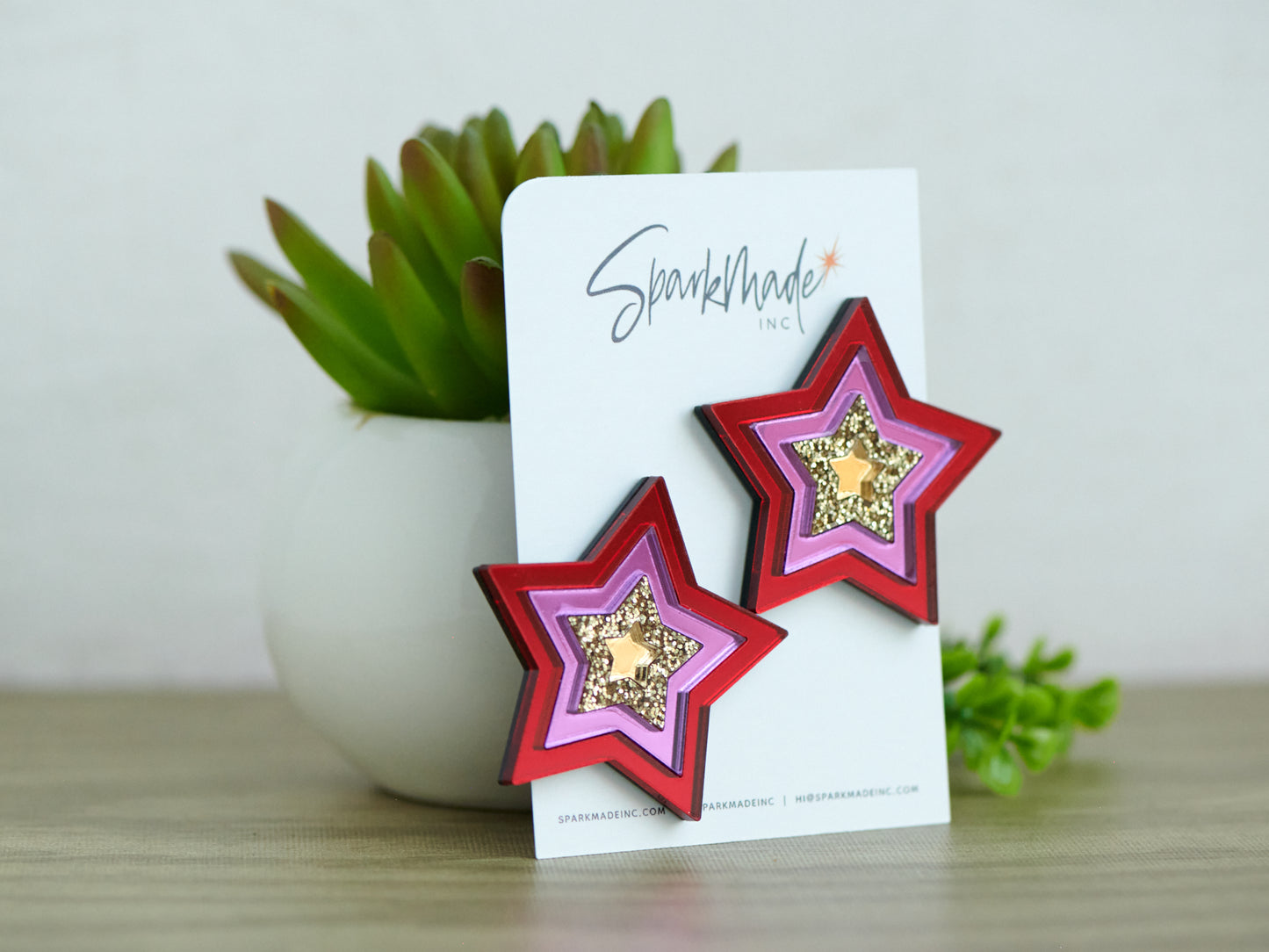 Party Star Mirror Acrylic Statement Stud Earrings - Red, Pink, and Gold