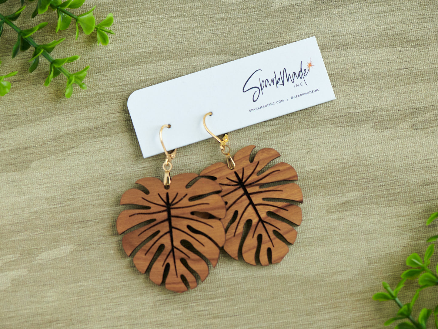Cherry Hardwood Monstera Earrings