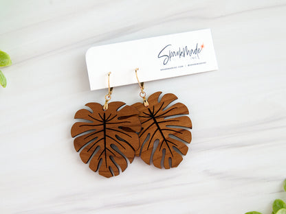 Cherry Hardwood Monstera Earrings