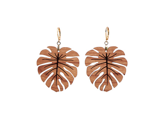 Cherry Hardwood Monstera Earrings