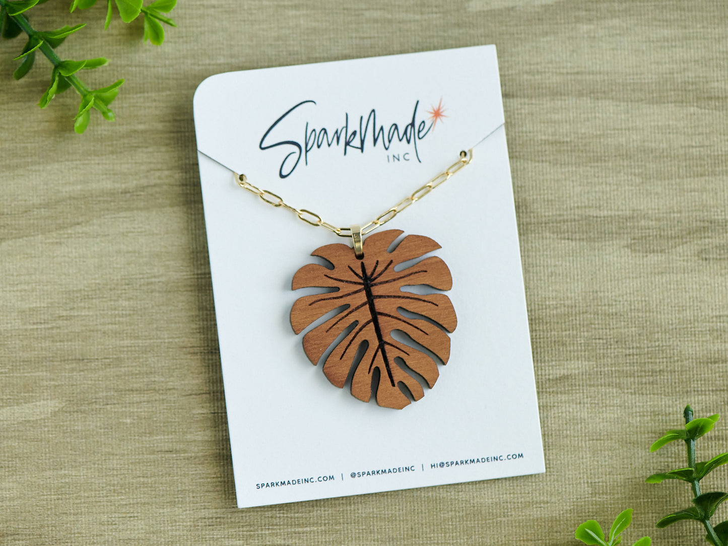Cherry Hardwood Monstera Necklace