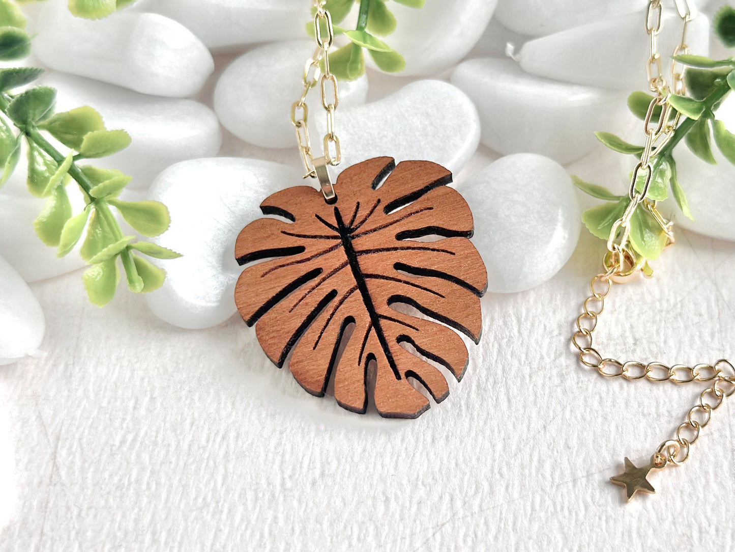 Cherry Hardwood Monstera Necklace