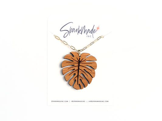 Cherry Hardwood Monstera Necklace