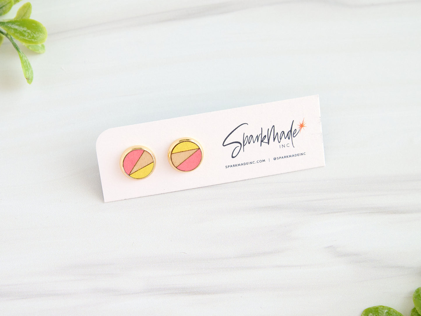 Color Duo Hand Painted Stud Earrings Pink/Yellow