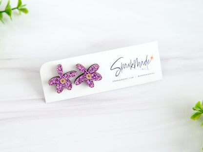 Fantasy Flower Stud Earrings Purple Glitter