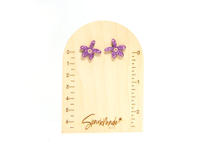 Fantasy Flower Stud Earrings Purple Glitter