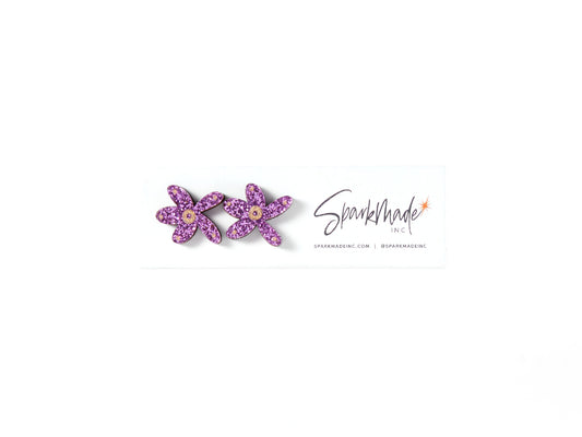 Fantasy Flower Stud Earrings Purple Glitter