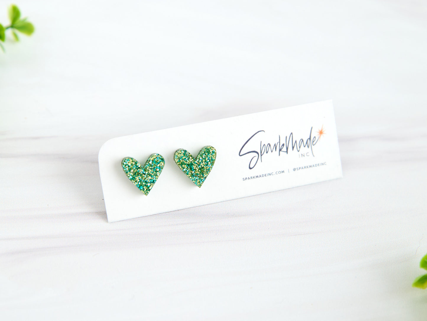 Heart Acrylic Stud Earrings - Glitter Green
