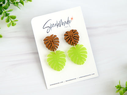 Neon Cherry Monstera Hardwood Earrings