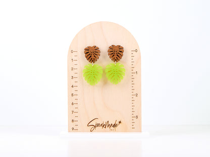 Neon Cherry Monstera Hardwood Earrings
