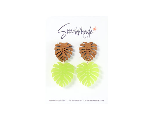 Neon Cherry Monstera Hardwood Earrings