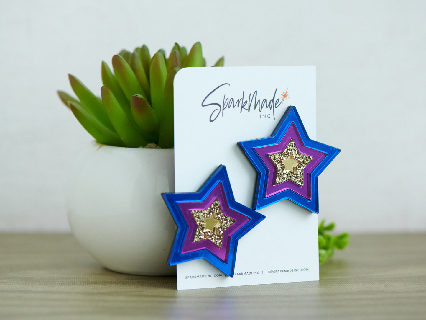 Party Star Mirror Acrylic Statement Stud Earrings - Blue, Purple, and Gold