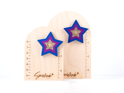 Party Star Mirror Acrylic Statement Stud Earrings - Blue, Purple, and Gold