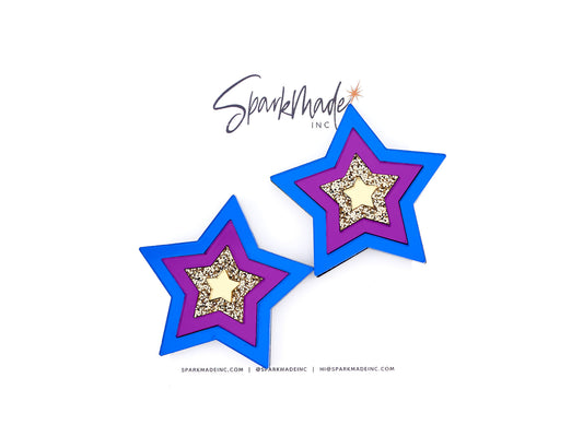 Party Star Mirror Acrylic Statement Stud Earrings - Blue, Purple, and Gold
