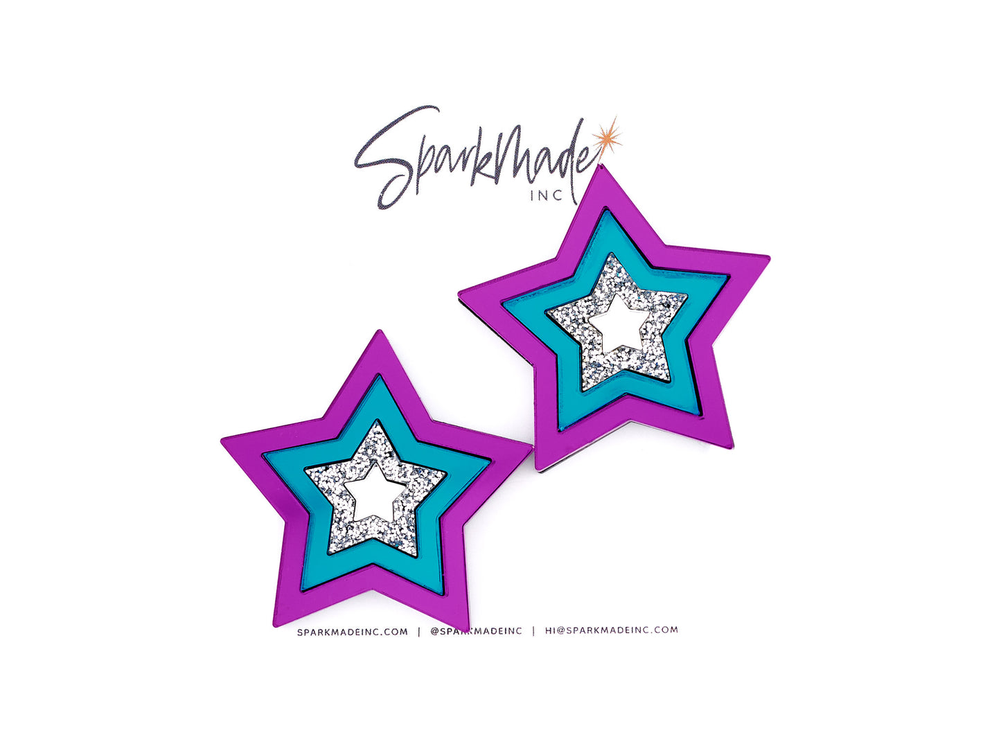 Party Star Mirror Acrylic Statement Stud Earrings - Purple, Teal, and Silver