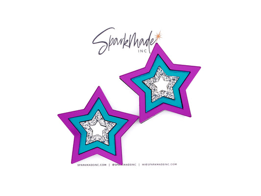 Party Star Mirror Acrylic Statement Stud Earrings - Purple, Teal, and Silver
