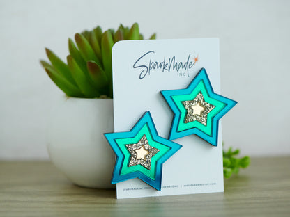 Party Star Mirror Acrylic Statement Stud Earrings - Teal, Green, and Gold