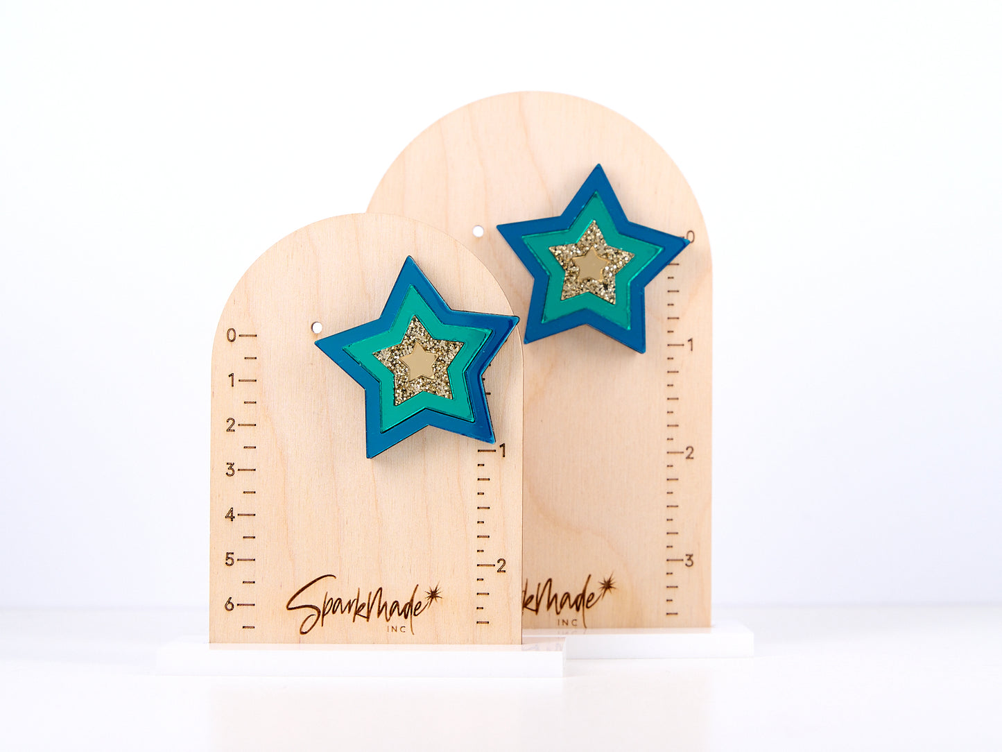 Party Star Mirror Acrylic Statement Stud Earrings - Teal, Green, and Gold
