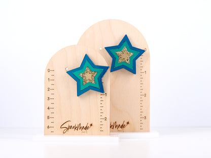Party Star Mirror Acrylic Statement Stud Earrings - Teal, Green, and Gold