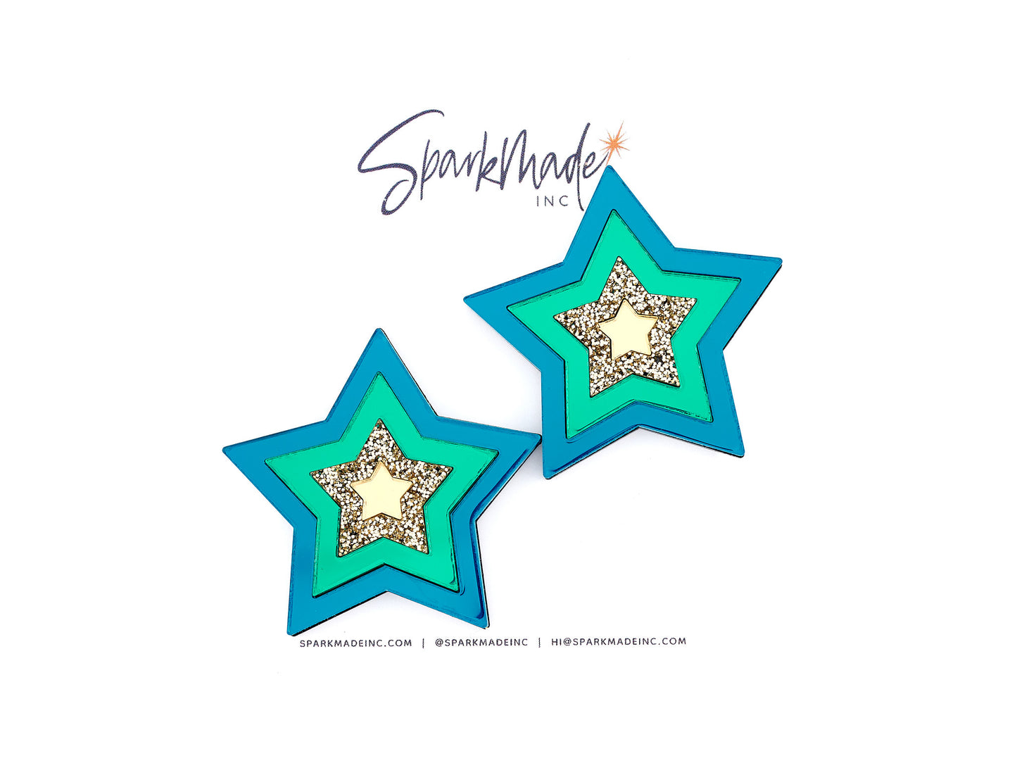 Party Star Mirror Acrylic Statement Stud Earrings - Teal, Green, and Gold