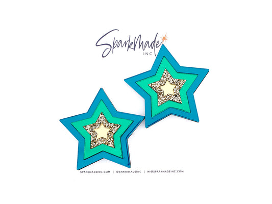 Party Star Mirror Acrylic Statement Stud Earrings - Teal, Green, and Gold
