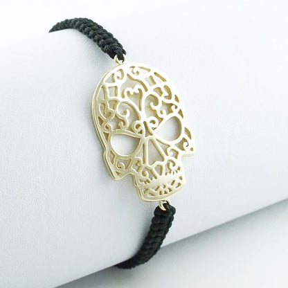 Skull Gold Plated Braided Bracelet - Black
