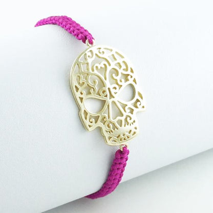 Skull Gold Plated Braided Bracelet - Hot Pink