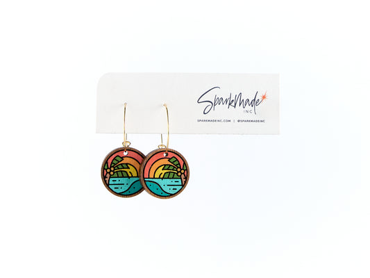 Sunrise Beach Hand Painted Walnut Hoop Earrings