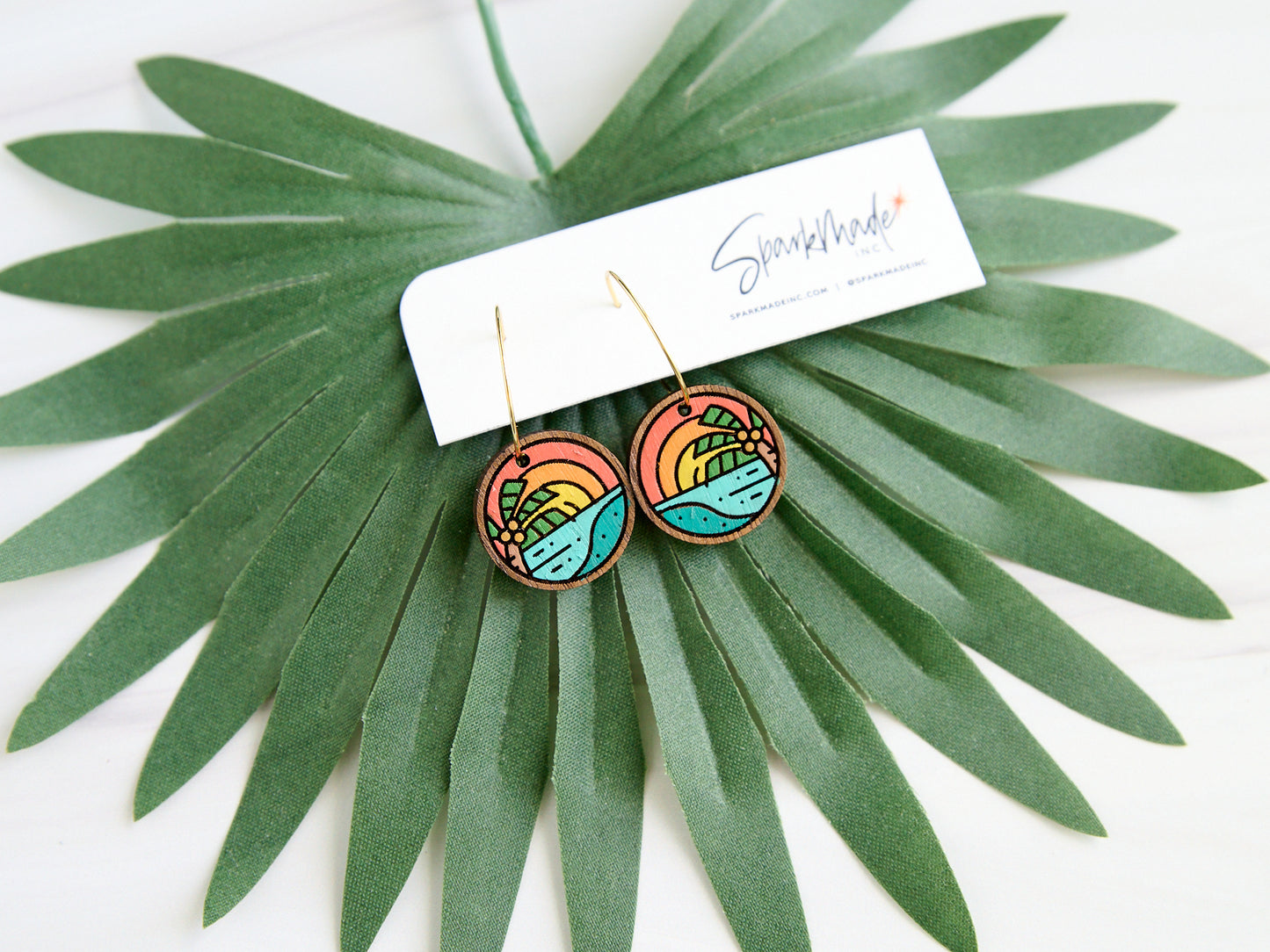 Sunrise Beach Hand Painted Walnut Hoop Earrings