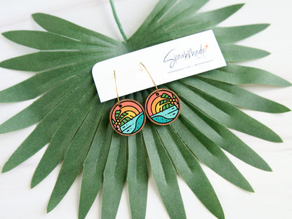 Sunrise Beach Hand Painted Walnut Hoop Earrings