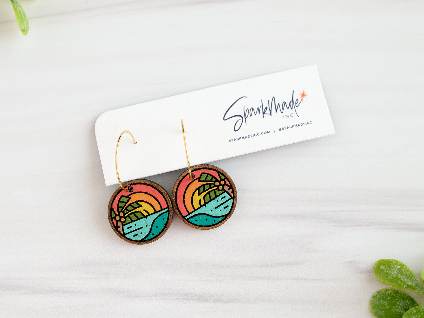 Sunrise Beach Hand Painted Walnut Hoop Earrings