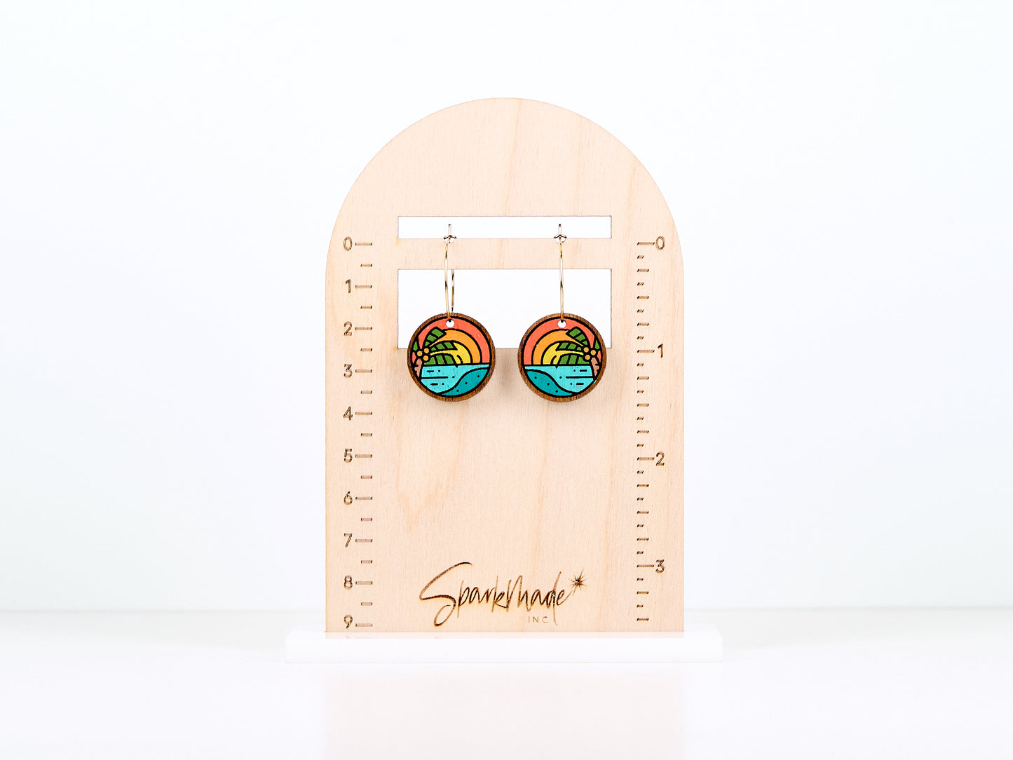 Sunrise Beach Hand Painted Walnut Hoop Earrings