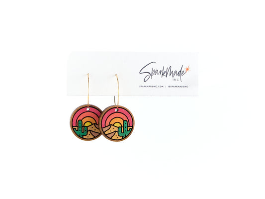 Sunrise Desert Hand Painted Walnut Hoop Earrings