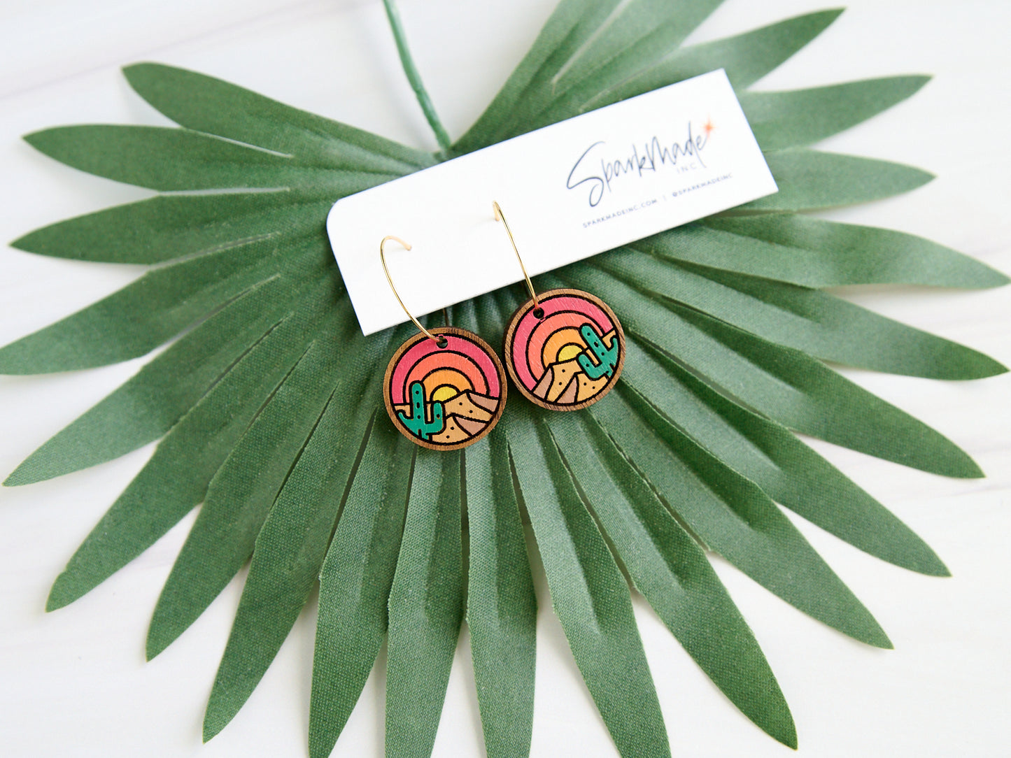 Sunrise Desert Hand Painted Walnut Hoop Earrings