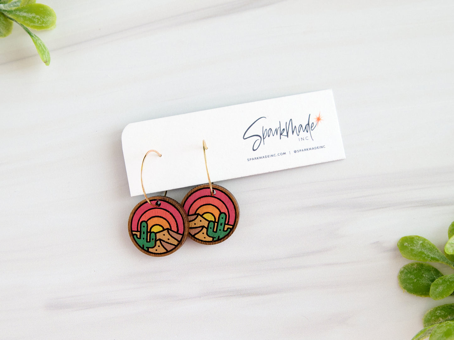 Sunrise Desert Hand Painted Walnut Hoop Earrings