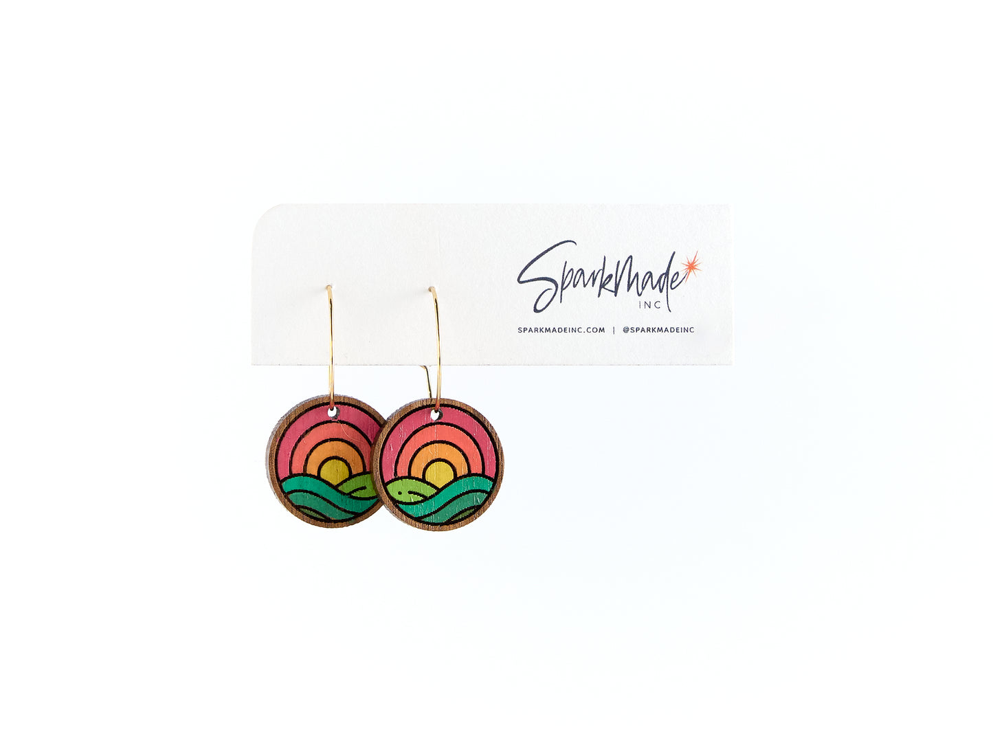 Sunrise Meadow Hand Painted Walnut Hoop Earrings