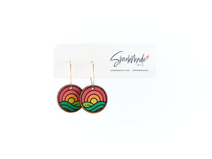 Sunrise Meadow Hand Painted Walnut Hoop Earrings
