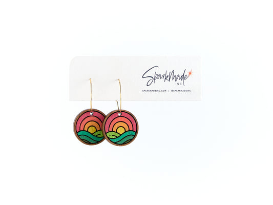 Sunrise Meadow Hand Painted Walnut Hoop Earrings