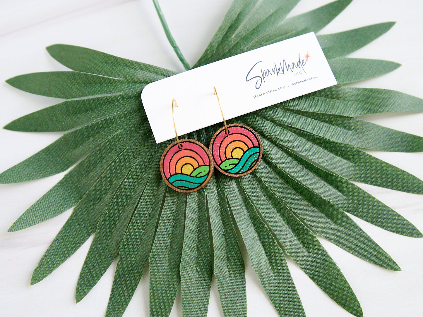 Sunrise Meadow Hand Painted Walnut Hoop Earrings