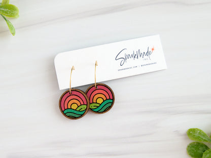 Sunrise Meadow Hand Painted Walnut Hoop Earrings