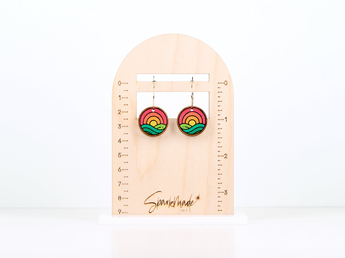 Sunrise Meadow Hand Painted Walnut Hoop Earrings