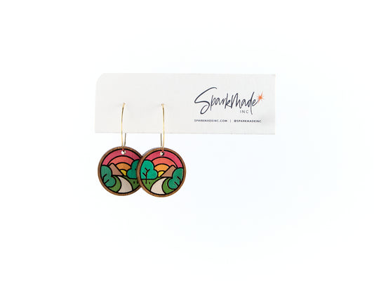 Sunrise Mountain Hand Painted Walnut Hoop Earrings