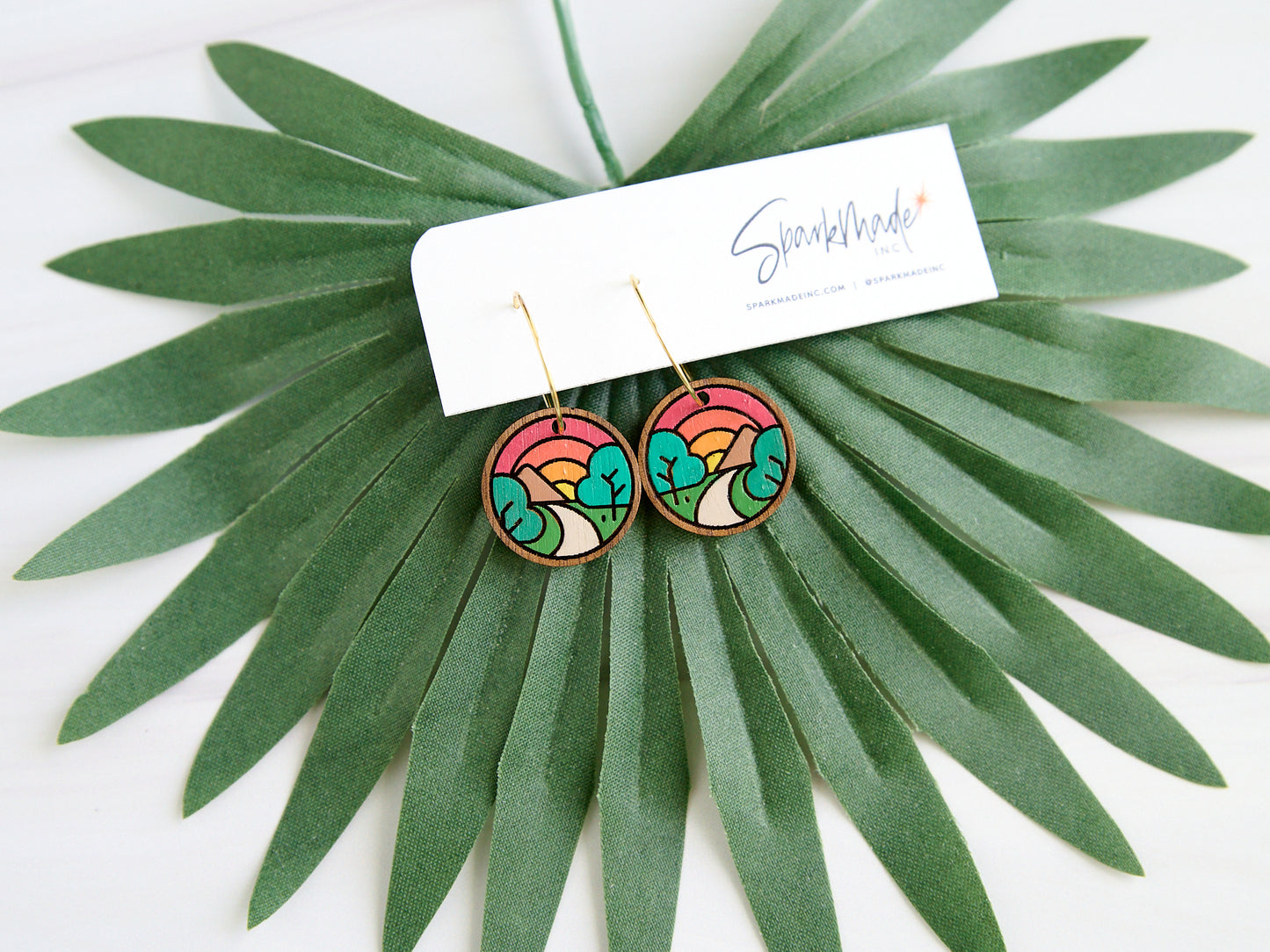 Sunrise Mountain Hand Painted Walnut Hoop Earrings