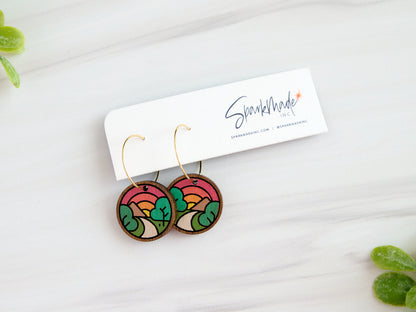 Sunrise Mountain Hand Painted Walnut Hoop Earrings