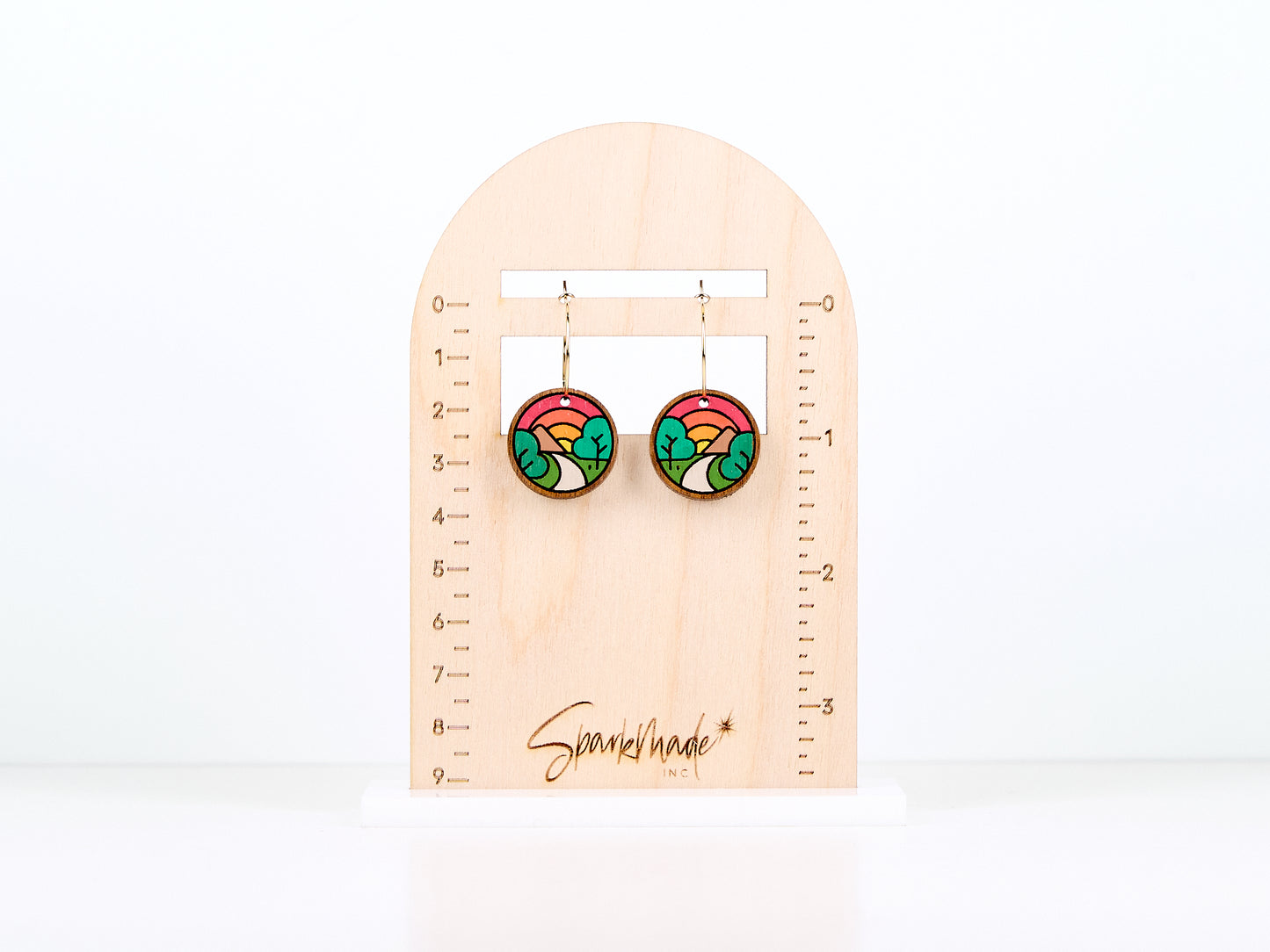 Sunrise Mountain Hand Painted Walnut Hoop Earrings