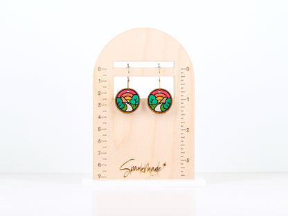 Sunrise Mountain Hand Painted Walnut Hoop Earrings