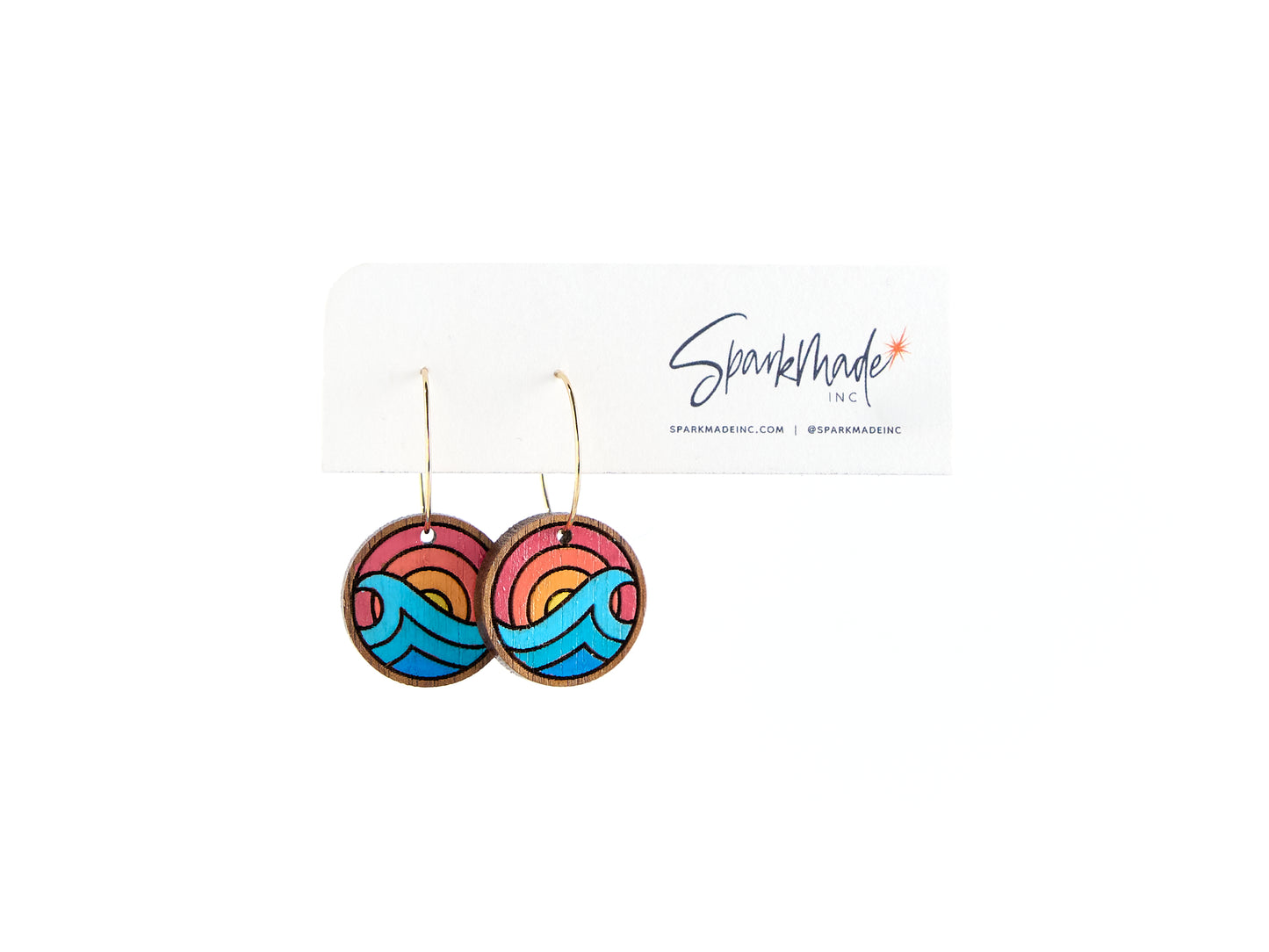 Sunrise Ocean Hand Painted Walnut Hoop Earrings