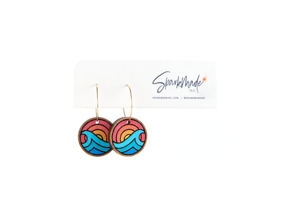 Sunrise Ocean Hand Painted Walnut Hoop Earrings